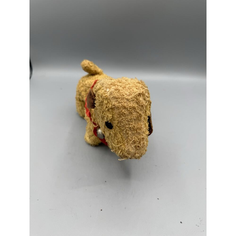 Vintage Stuffed Dog Plush Mohair Style Toy Bell Collar Primitive 6”